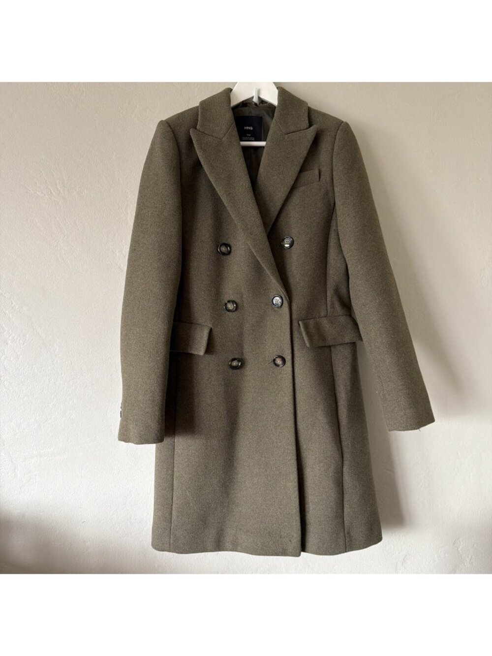 MANGO Double-Breasted Wool Blend Olive Green Women's Midi Coat Size MED